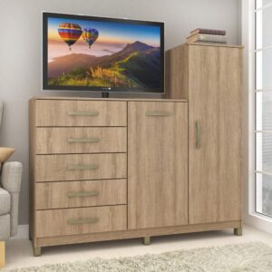 Cômoda 2 Portas 5 Gavetas com Cabideiro e Pés